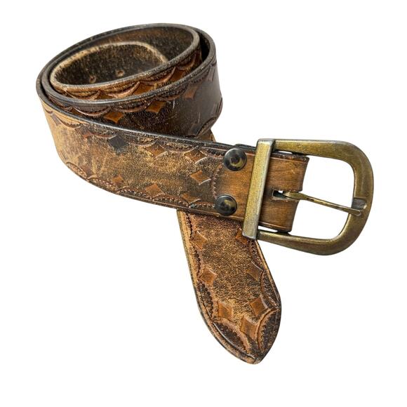 Distressed Brown Leather Belt Mens Diamond Embossed Brass Fits 35-42 1.75in - Picture 1 of 8